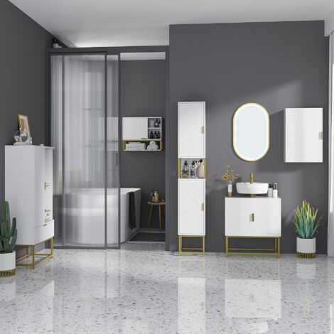 Meuble sous lavabo meuble de salle de bain avec placard double porte pieds en acier doré 60 x 30 x 65 cm blanc