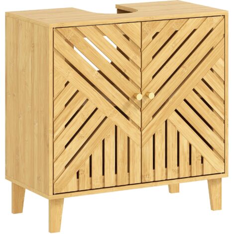 Meuble sous lavabo, meuble de salle de bain en bambou avec étagère réglable et portes à lattes 60 x 30 x 60 cm, naturel