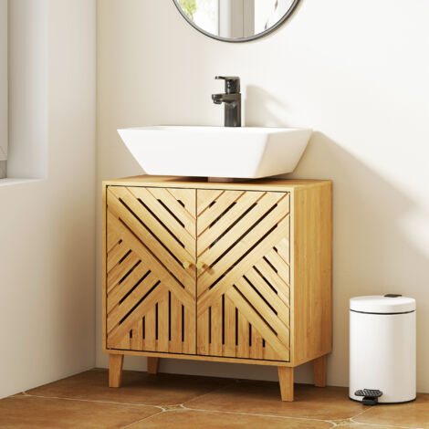 Meuble sous lavabo. meuble de salle de bain en bambou avec étagère réglable et portes à lattes 60 x 30 x 60 cm. naturel