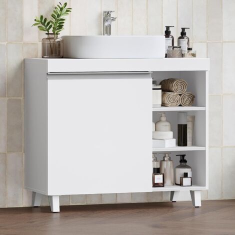 Meuble sous Lavabo, Meuble sous Vasque, Salle de Bain, 1 Porte, 3 Espaces Ouverts, Grande Capacité de Rangement, Étagères Réglables, Autoportant