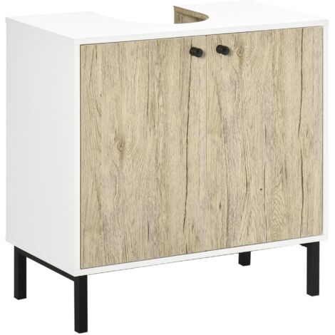 Meuble sous lavabo moderne piètement en métal double porte 60 x 30 x 60 cm - blanc et couleur bois
