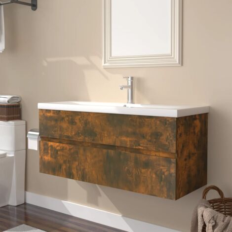 Meuble sous lavabo pour salle de bain  avec bassin intégré Chêne fumé Bois d'ingénierie 13563
