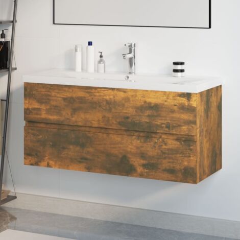 Meuble sous lavabo pour salle de bain  avec bassin intégré Chêne fumé Bois d'ingénierie 55550