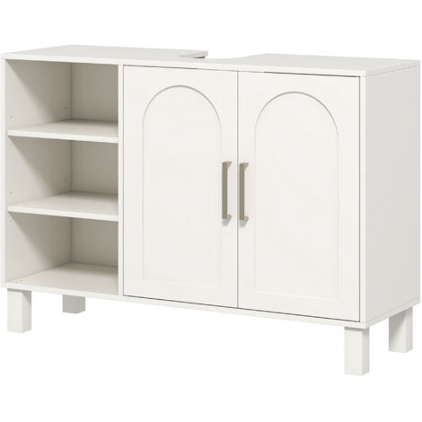Meuble sous lavabo salle de bain avec armoire à deux niveaux et étagères ajustables 90x30x63 cm crème