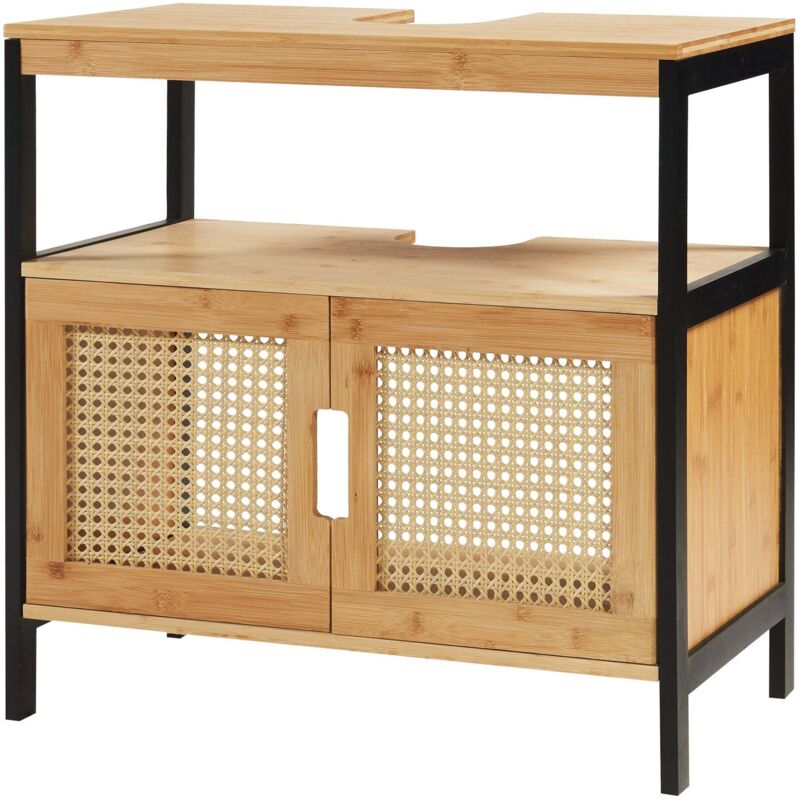 Meuble sous lavabo salle de bain rangement design bambou 60 x 60 x 35 cm noir naturel aspect rotin Meuble sous lavabo salle de bain rangement design bambou 60 x 60 x 35 cm noir naturel aspect rotin