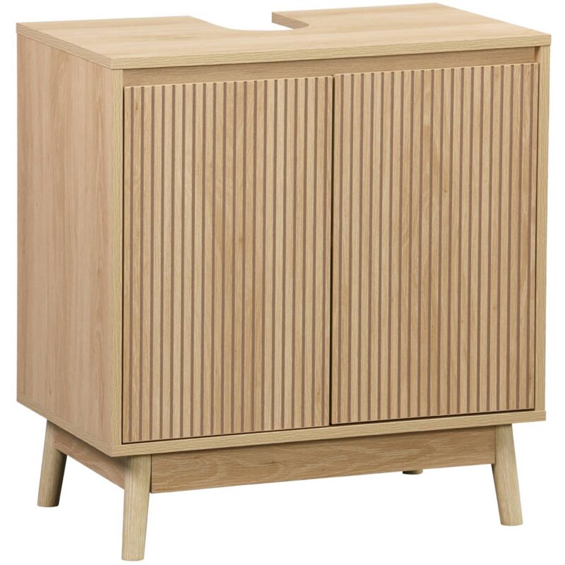 Sweeek - Meuble sous lavabo Linear naturel 2 portes, façades striées, pieds bois de pin, 65 x 40 x 70 cm