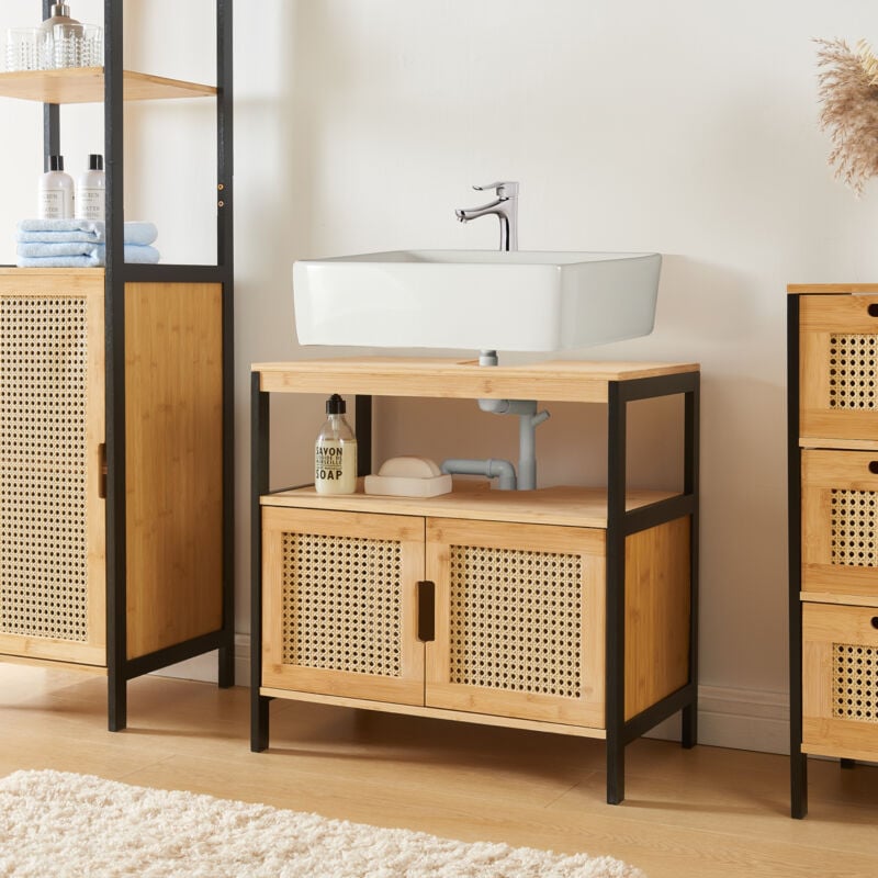 Meuble sous lavabo Tervola bambou 60 x 60 x 35 cm noir naturel aspect rotin [en.casa]