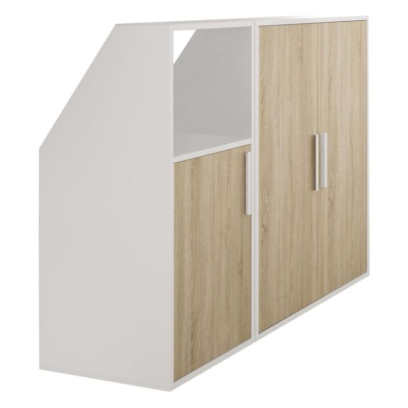 Meuble sous pente 3 portes et 1 niche - Blanc et naturel - ADEZIO