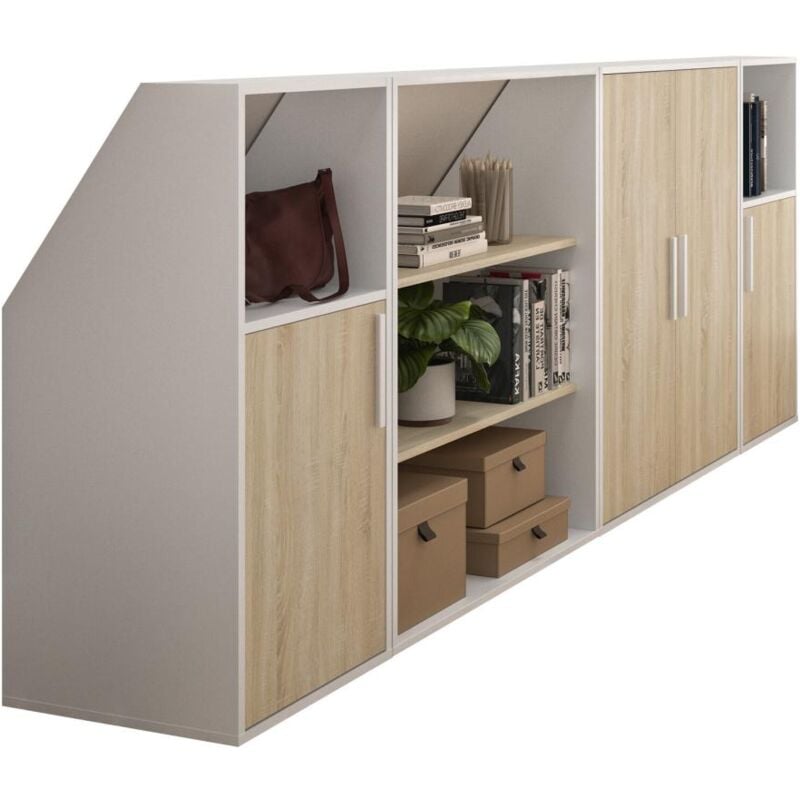 Meuble sous pente 4 portes, 2 étagères et 2 niches - Blanc et naturel - ADEZIO