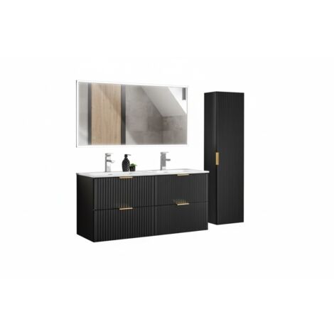 Meuble sous vasque 120 cm + double vasque encastré + syphon + colonne de sdb suspendue + Grand miroir rectangulaire avec LED
