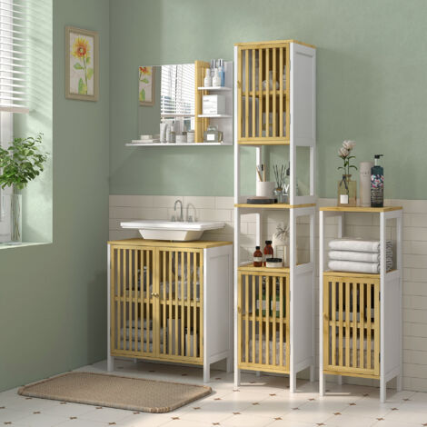 Meuble sous vasque 2 portes avec étagère réglable armoire de rangement pour lavabo 60 x 30 x 70 cm MDF et bambou