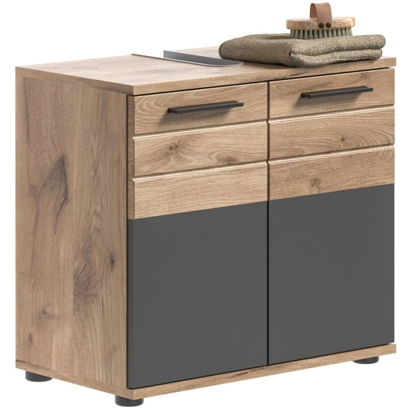 Meublorama - Meuble sous vasque 2 portes – Gris anthracite et chêne clair – selma