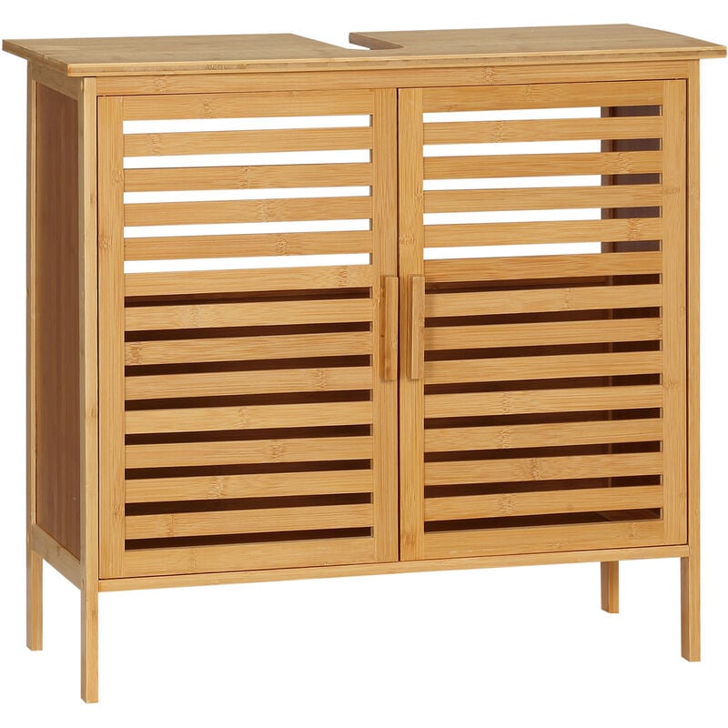 Meuble sous-vasque 2 portes à lattes - dim. 66L x 29l x 61,5H cm - bois de bambou verni