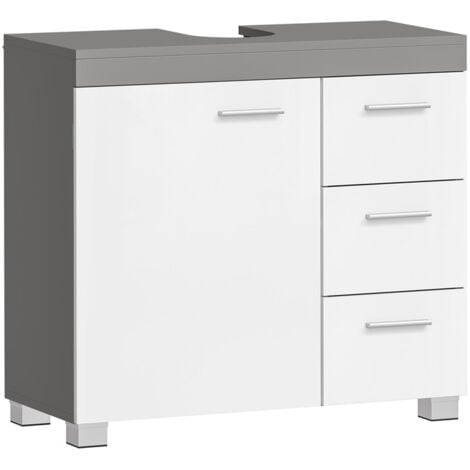 Meuble sous Vasque, 3 Grands Tiroirs, 2 Compartiments Derrière la Porte, 70 x 30 x 64 cm, Blanc et Gris Ciment