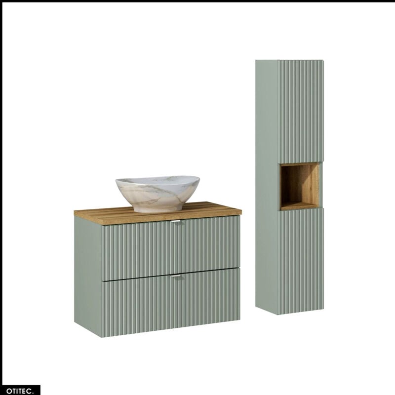 Otitec - Meuble sous vasque - 80 cm - avec Plan - Vasque à poser - Colonne - Cube - roseau