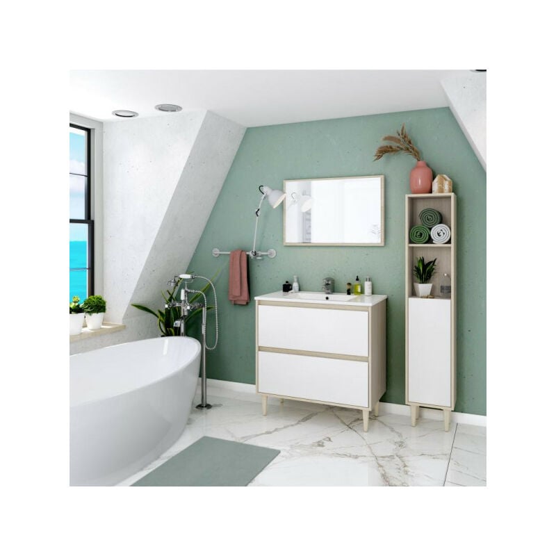 TMM - Meuble sous vasque 80 cm + vasque + colonne + miroir Chêne/Blanc brillant - navero - Meuble : l 80 x l 45 x l 80 cm, Vasque : m 81.5 x l 46 x h
