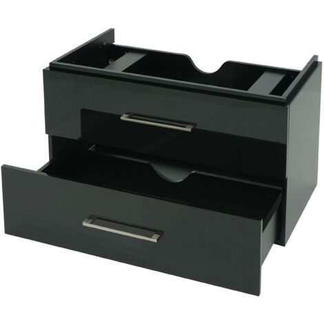 Meuble sous-vasque 90 cm suspendu 2 tiroirs Soft-Close encoche siphon style moderne contreplaqué noir brillant 040010530