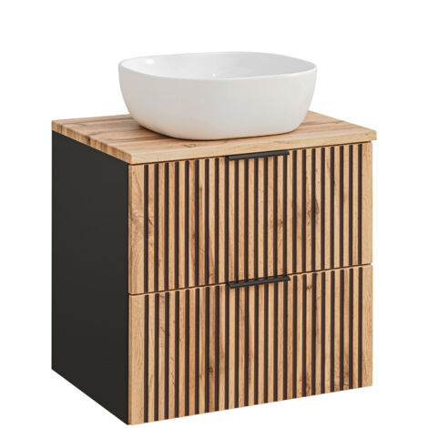 Meuble sous vasque à suspendre XILO NOIR CHÊNE 60 cm avec le plan CHÊNE et avec sa vasque VERA - style industriel