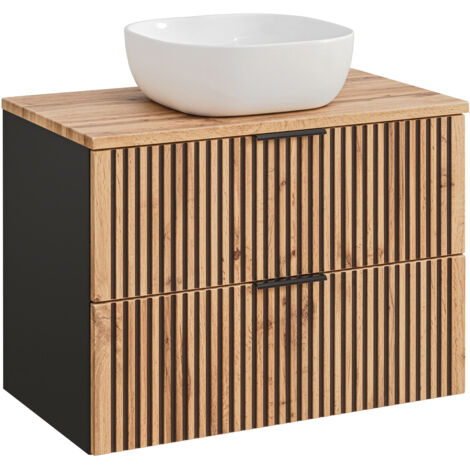 Meuble sous vasque à suspendre XILO NOIR CHÊNE 80 cm avec le plan CHÊNE et avec sa vasque VERA - style industriel