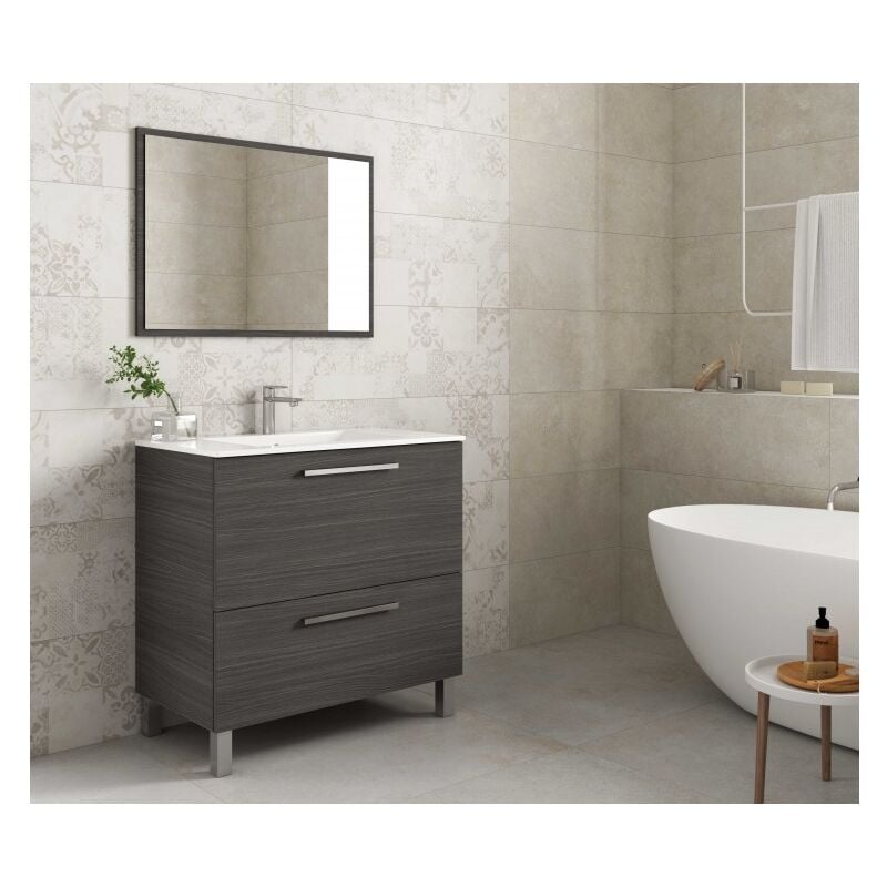 Abitare - Meuble de salle de bain au sol 80 cm gris cendre avec miroir - Leeds - Gris cendré Avec colonne et lampe led