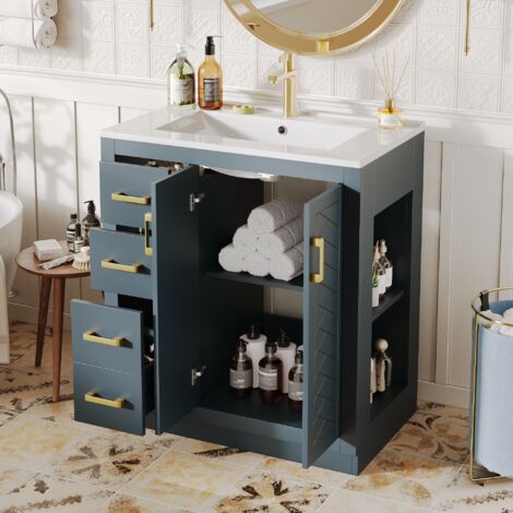 Meuble sous vasque avec vasque céramique, 3 tiroirs et étagères, 76,5x46,5x84,5 cm, bleu