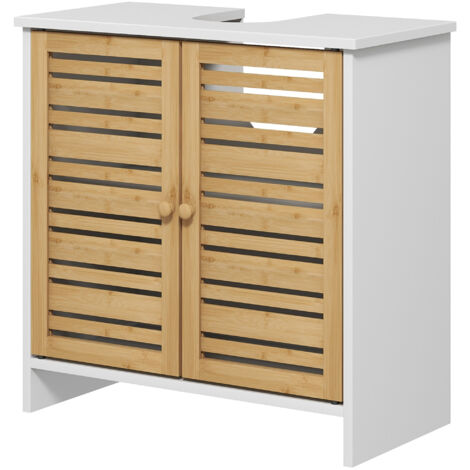 Meuble sous vasque bambou blanc 60x30x60 cm, armoire lavabo 2 portes avec étagère réglable