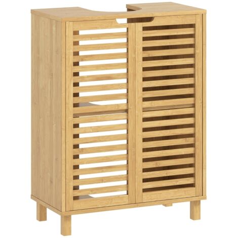 Meuble sous-vasque de salle de bain, portes à persiennes, bambou naturel, étagères réglables.