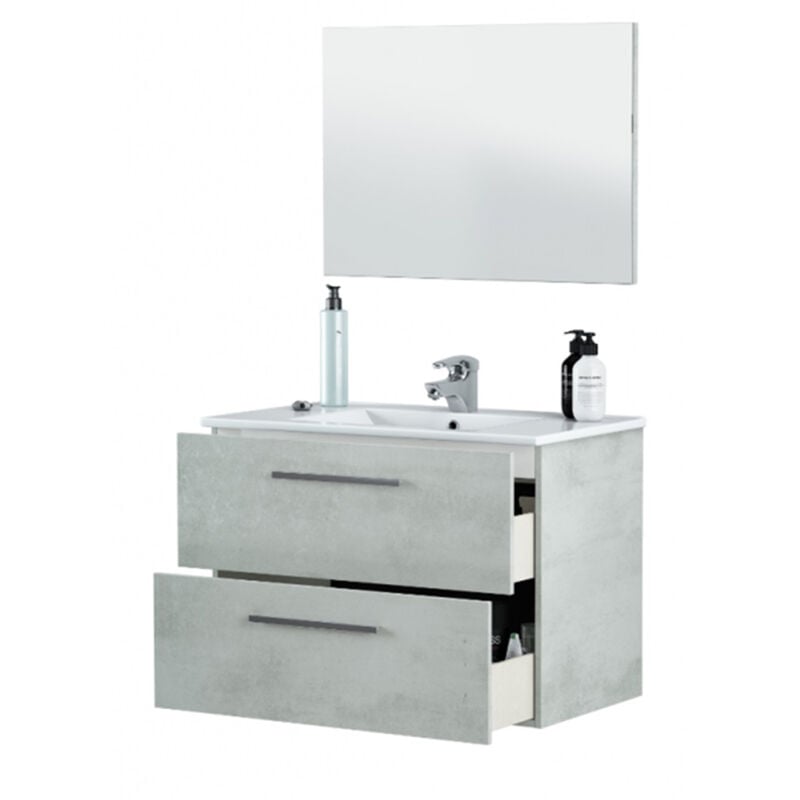 Pegane - Meuble sous vasque de salle de bain Suspendu 80 cm + miroir coloris béton - Hauteur 57 x Longueur 80 x Profondeur 45 cm