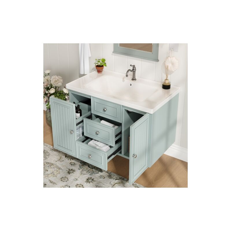 Okwish - Meuble sous-vasque de salle de bain suspendu avec lavabo et 3 tiroirs, vert clair, 78,5×46×46,8cm