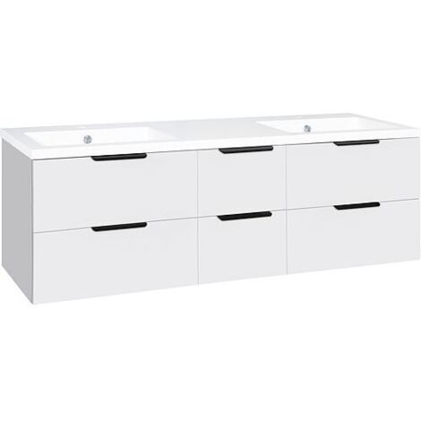 Meuble sous-vasque + lavabo en fonte minérale LOSSA 6 tiroirs blanc brillant Largeur 1550 mm