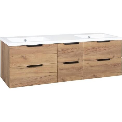Meuble sous-vasque + lavabo en fonte minérale LOSSA 6 tiroirs coulissants chêne noueux Cortina largeur 1550 mm