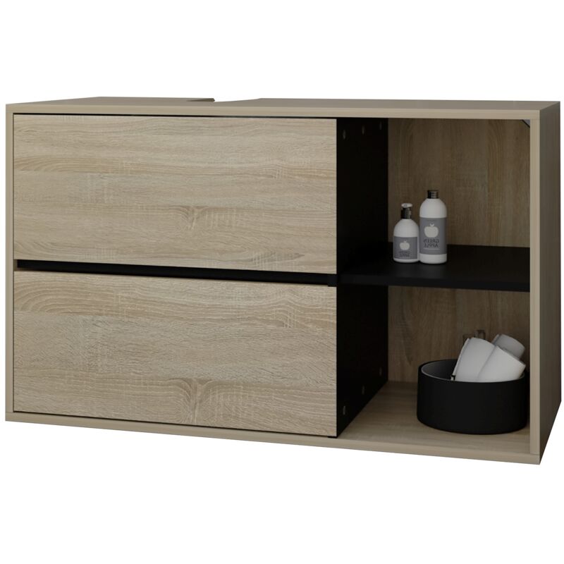 ML-Design meuble bas de lavabo suspendu, marron-noir, 100x60x45,5 cm, meuble bas de salle de bain 2 tiroirs, étagère, beaucoup d'espace de rangement,