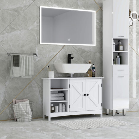 Meuble sous vasque lavabo salle de bain style classique placard 2 portes étagères réglables 90 x 30 x 60 cm blanc
