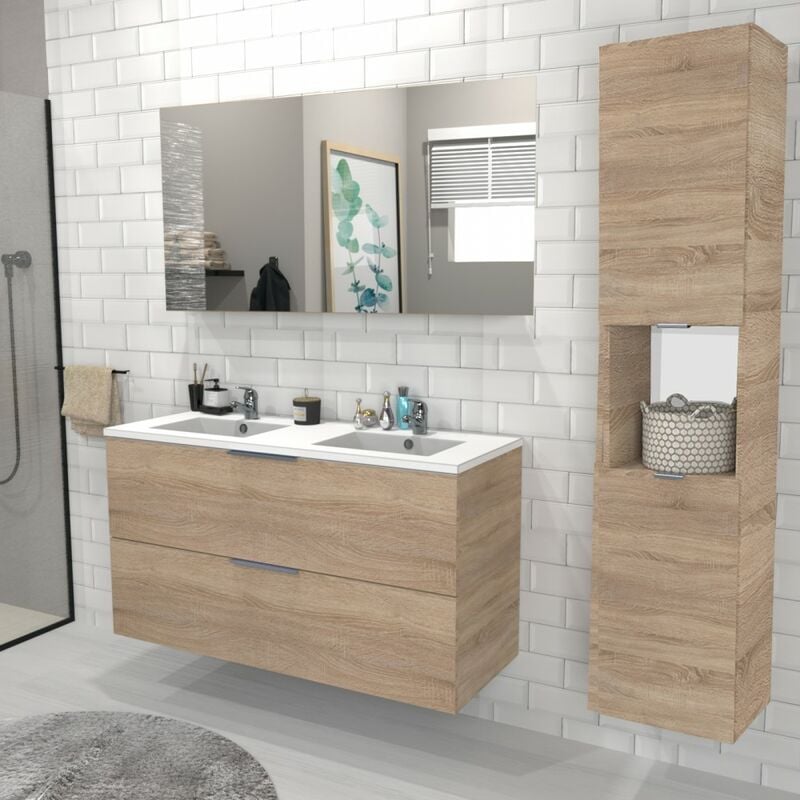 Meuble sous-vasque malaga 120 cm + vasque + miroir + colonne / Décor Chêne blanchi/