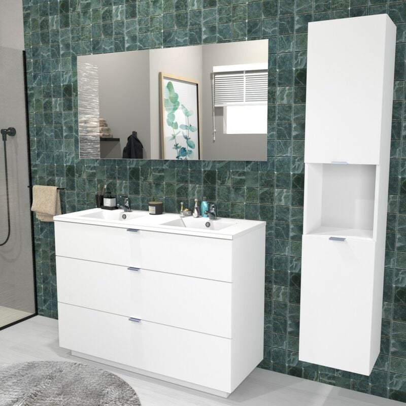 Le Quai Des Affaires - Meuble sous-vasque marbella 120 cm + vasque + miroir + colonne / Blanc/