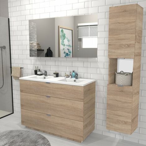 LE QUAI DES AFFAIRES Meuble sous-vasque MARBELLA 120 cm + vasque + miroir + colonne / Décor Chêne blanchi/