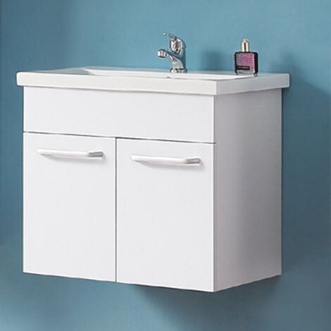 Meuble sous vasque meuble lave-mains à suspendre avec lavabo en résine et poudre de pierre meuble de rangement pour salle de bain blanc avec 2 portes battantes 60cm