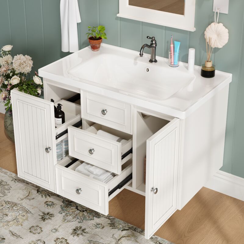 Tanant - Meuble sous-vasque suspendu, Meuble sous vasque simple avce 3 tiroirs, meuble de salle de bain avec lavabo, rangements, 78.5×46×46.8cm