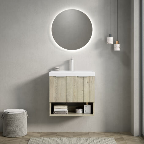 Meuble sous vasque mural, avec vasque rectangulaire en céramique blanche et étagères ouvertes, Portes à rayures, Design, 55 x 32 x 53 cm. Blanc cassé