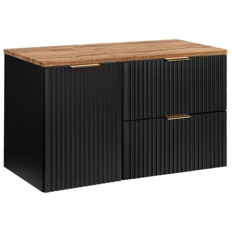 Meuble sous vasque NOXERA 100 cm – Noir mat & chêne – 2 tiroirs + porte panier + plan vasque
