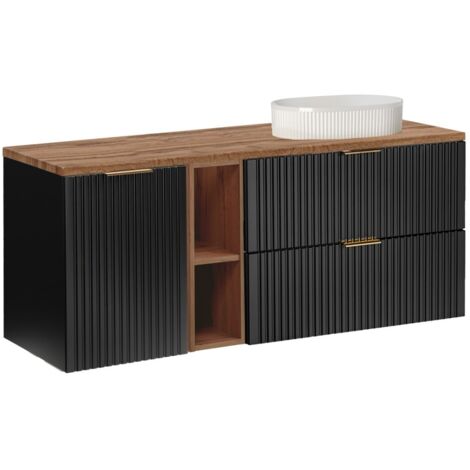 Meuble sous vasque NOXERA 140 cm – Noir mat & chêne – 2 tiroirs + porte panier + plan vasque + niches + vasque