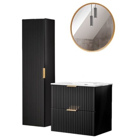Meuble sous vasque NOXERA 60 cm – Noir mat – Vasque encastrée + miroir LED + colonne suspendue + siphon