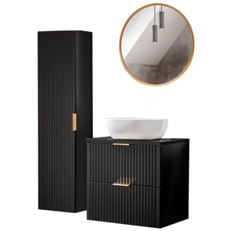 Meuble sous vasque NOXERA 60 cm – Noir mat – Vasque + miroir LED + colonne suspendue