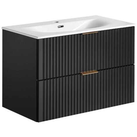 Meuble sous vasque NOXERA 80 cm – Noir mat – Vasque encastrée + siphon