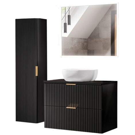 Meuble sous vasque NOXERA 80 cm – Noir mat – Vasque + miroir LED + colonne suspendue
