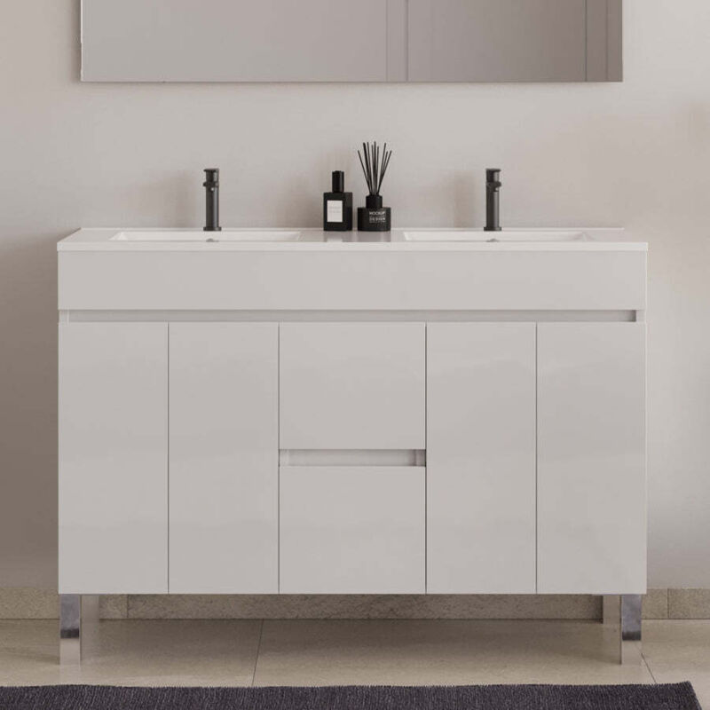 Meuble sous vasque seul, 2 tiroirs et 4 portes, 120cm, simple vasque - blanc brillant - HARO