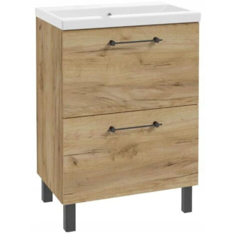 Meuble sous vasque simple 50x40x84cm en chêne artisanal – 2 tiroirs avec fermeture amortie – Lavabo céramique et robinet sur pied inclus