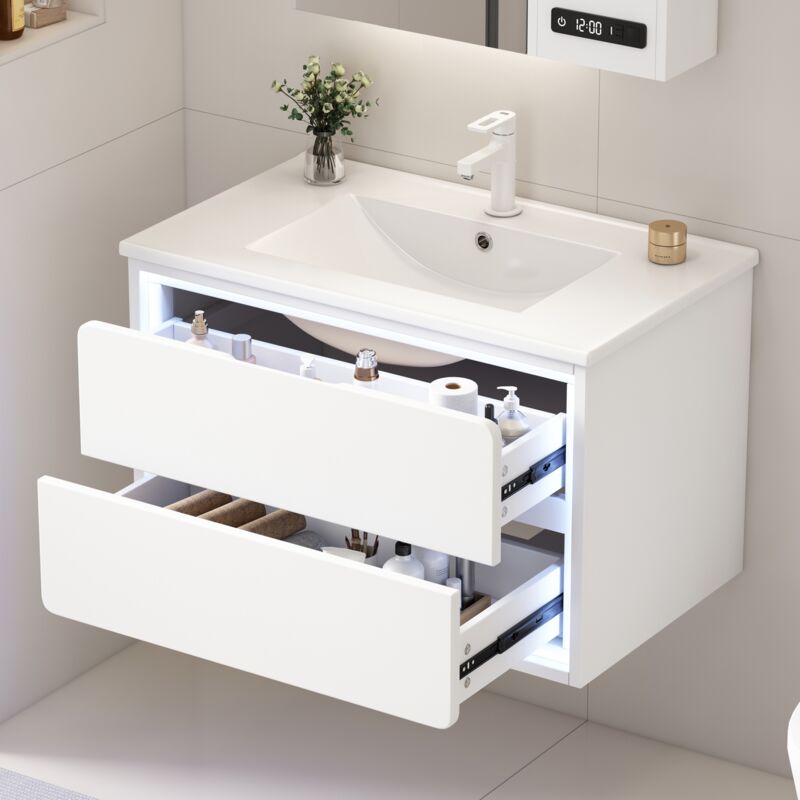Meuble sous vasque simple 76 cm, Meuble Vasque Murale avec LED Radar – 2 Tiroirs Silencieux, Laqué – Blanc
