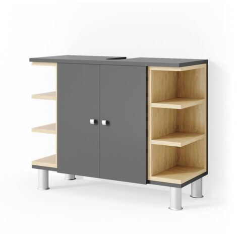 Vicco – Meuble bas de salle de bain anthracite 79.6 x 64 x 32 cm – Panneau de particules 16 mm – 2 portes – 6 étagères ouvertes – Installation facile