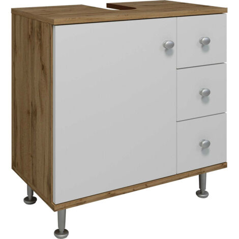 Meuble sous vasque simple en bois mélaminé H. 61 × L. 60 × P. 33 cm – 3 tiroirs et porte tournante – Résistant à l'eau et facile à nettoyer